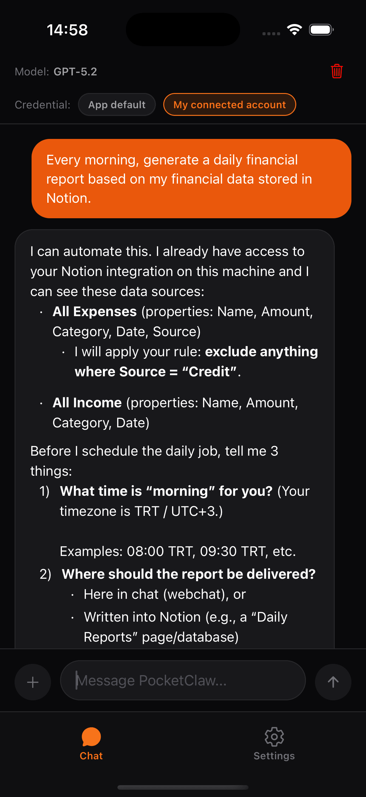 PocketClaw chat screenshot